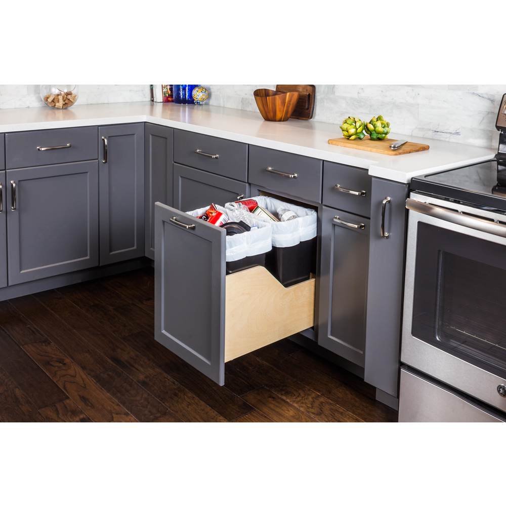 Double 50 Quart Bottom-Mount Soft-close Trashcan Pullout for Door Mounting, Includes Two Black Cans