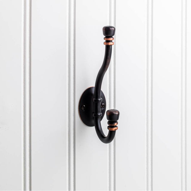Hardware Resources - 5-3/16'' Brushed Oil Rubbed Bronze Ringed Contemporary Double Prong Wall Mounted Hook - Brushed Oil Rubbed Bronze