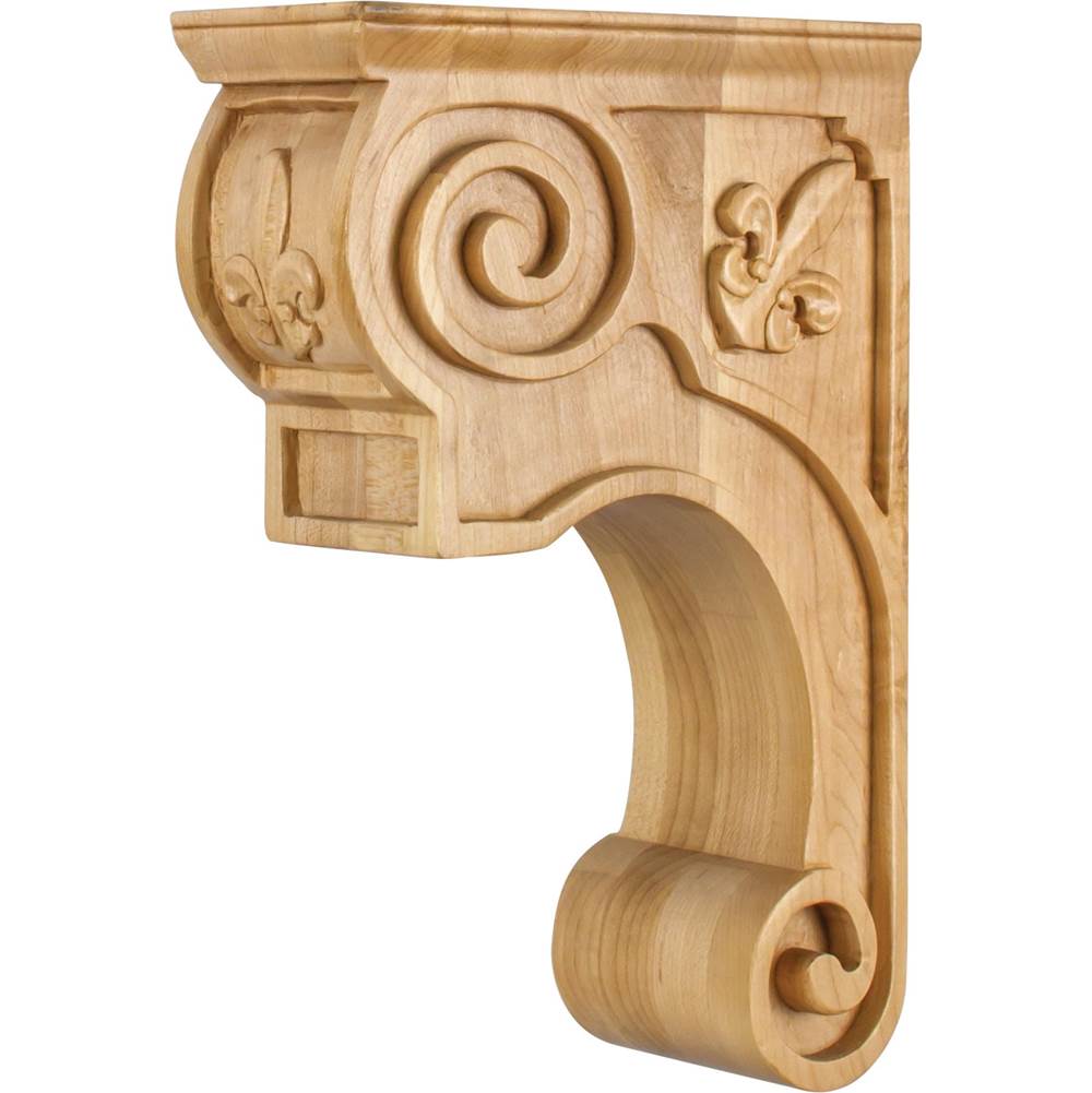 Hardware Resources - 3-3/8'' W x 8'' D x 11-3/4'' H Rubberwood Scrolled Fleur-de-lis Corbel - Unfinished