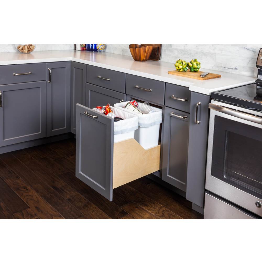 Double 50 Quart Bottom-Mount Soft-close Trashcan Pullout for Door Mounting, Includes Two Black Cans