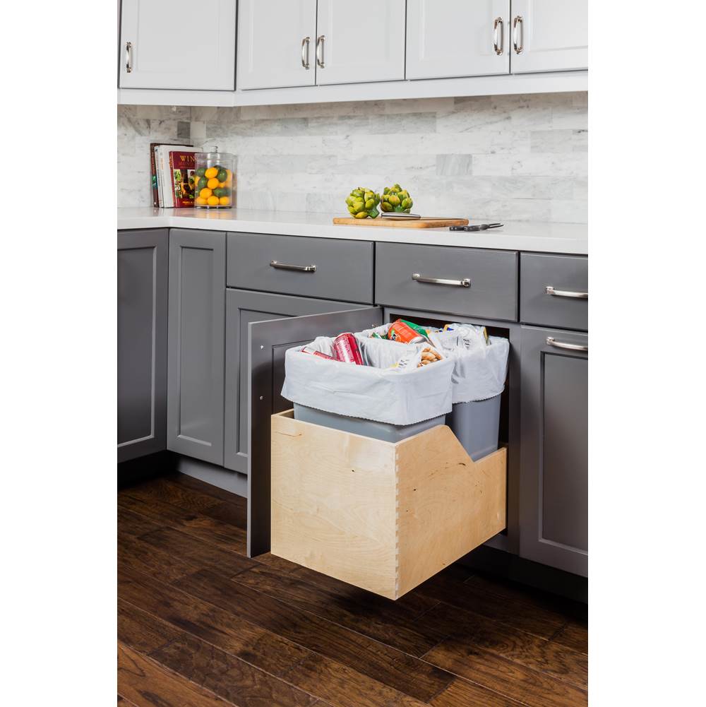 Double 50 Quart Wood Bottom-Mount Soft-close Trashcan Rollout for Hinged Doors, Includes Black Cans