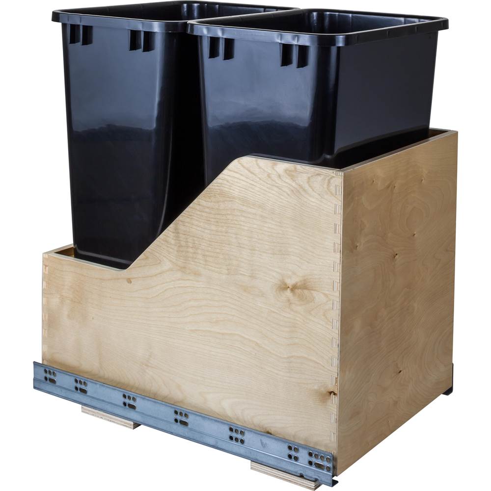 Hardware Resources - Double 50 Quart Wood Bottom-Mount Soft-close Trashcan Rollout for Hinged Doors, Includes Black Cans - Black