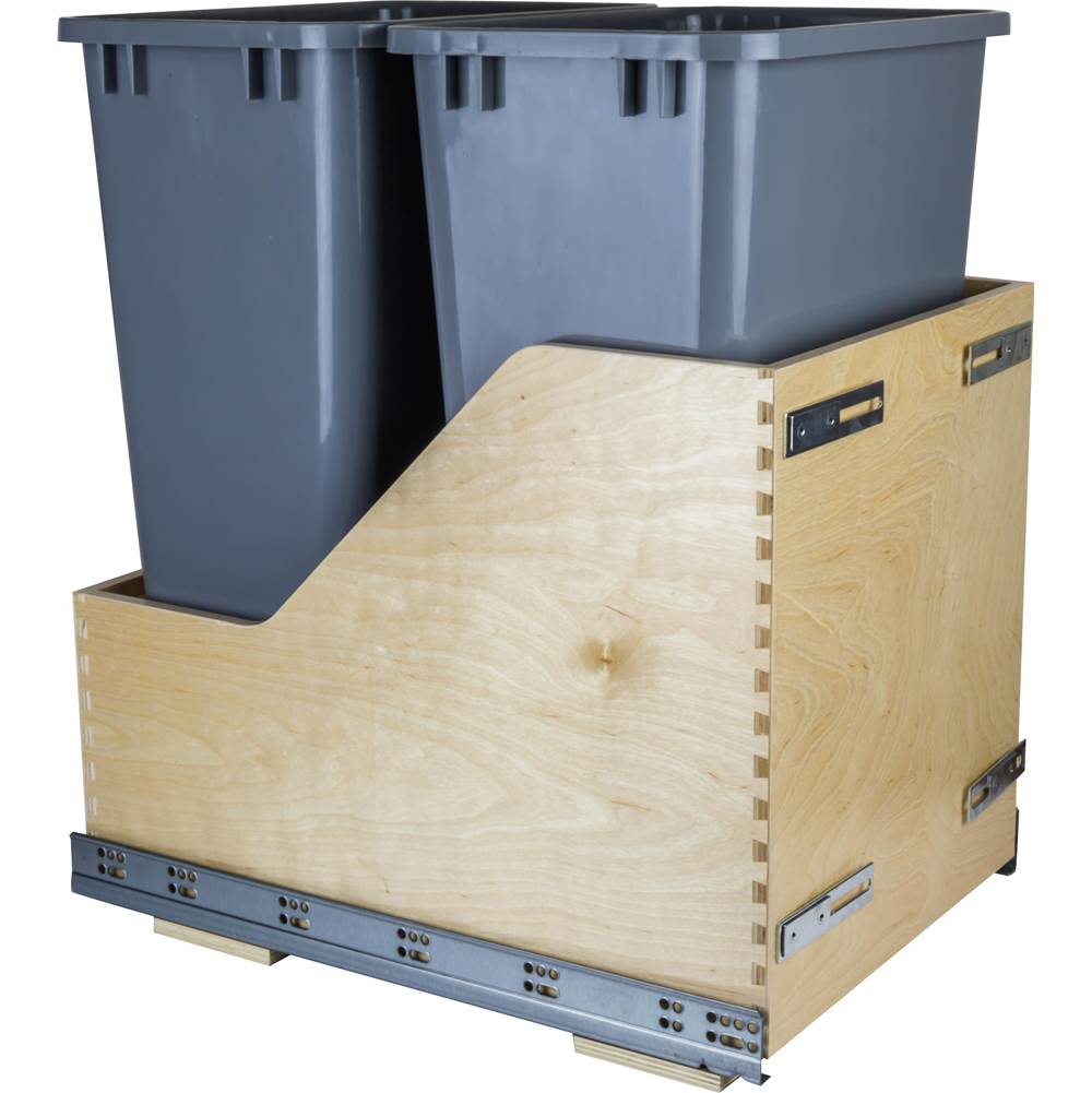 Hardware Resources - Double 50 Quart Bottom-Mount Soft-close Trashcan Pullout for Door Mounting, Includes Two Grey Cans - Grey
