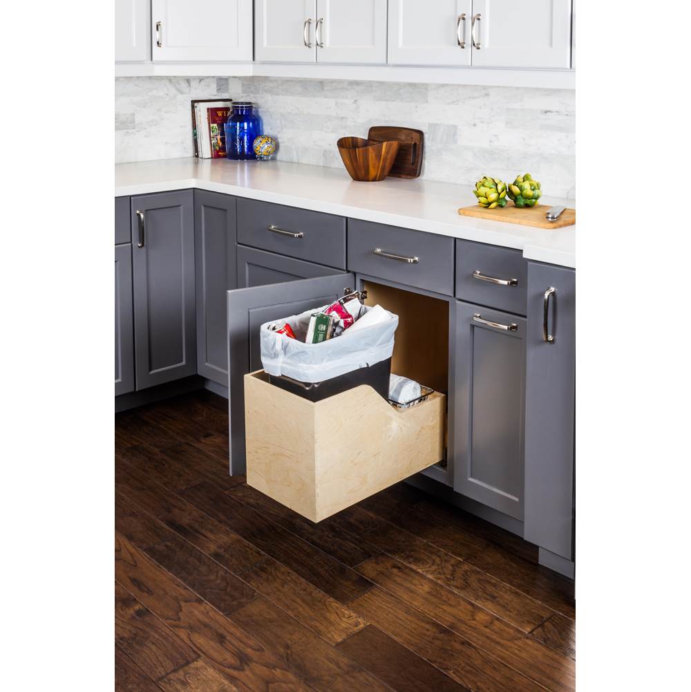 Single 35 Quart Wood Bottom-Mount Soft-close Trashcan Rollout for Hinged Doors, Includes Black Can