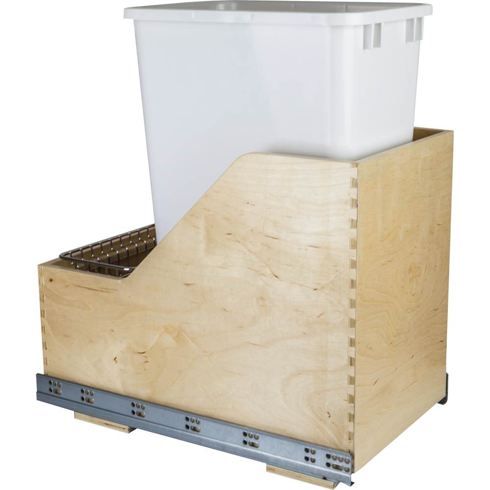 Hardware Resources - Single 50 Quart Wood Bottom-Mount Soft-close Trashcan Rollout for Hinged Doors, Includes White Can - White