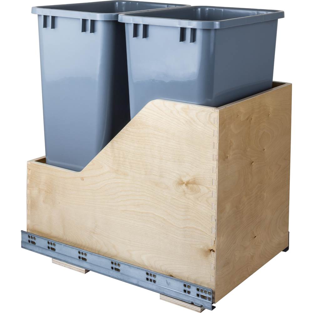Hardware Resources - Double 50 Quart Wood Bottom-Mount Soft-close Trashcan Rollout for Hinged Doors, Includes Grey Cans - Grey