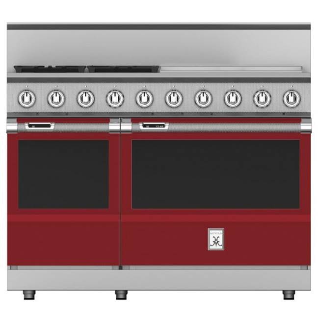 Hestan - Range, 4 Burner with 24'' Griddle, Dual Fuel, 48'' - Tin Roof Burgundy