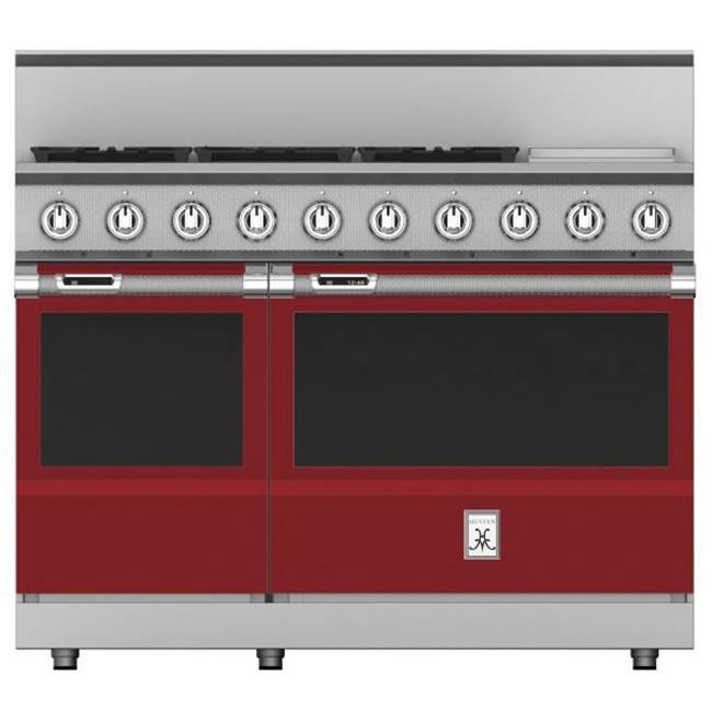 Hestan - Range, 5 Burner with Griddle, Dual Fuel, 48'' - Tin Roof Burgundy