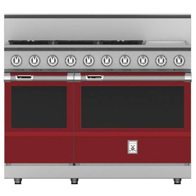 Hestan - Range, 5 Burner with Griddle, Dual Fuel, 48'' - Tin Roof Burgundy