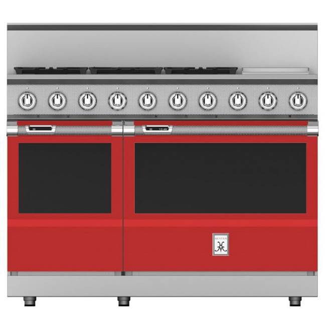 Hestan - Range, 5 Burner with Griddle, Dual Fuel, 48'' - Matador Red
