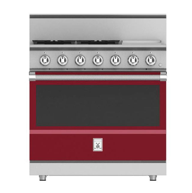 Hestan - Range, 4 Burner with Griddle, Gas, Manual Clean, 36'' - Tin Roof Burgundy