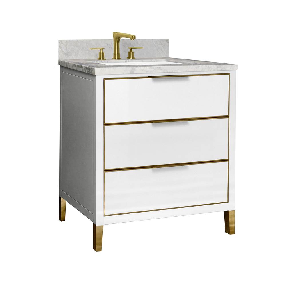Icera - Muse Vanity Cabinet 30-in, Matte White with Satin Brass - Matte White with Satin Brass