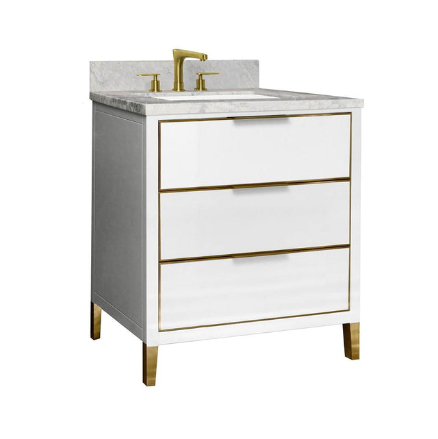 Icera - Muse Vanity Cabinet 30-in, Matte White with Satin Brass - Matte White with Satin Brass