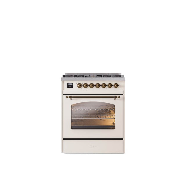 ILVE - 30'' Nostalgie II Series Freestanding Dual Fuel Range - Antique White - Bronze trim- Natural Gas - Bronze