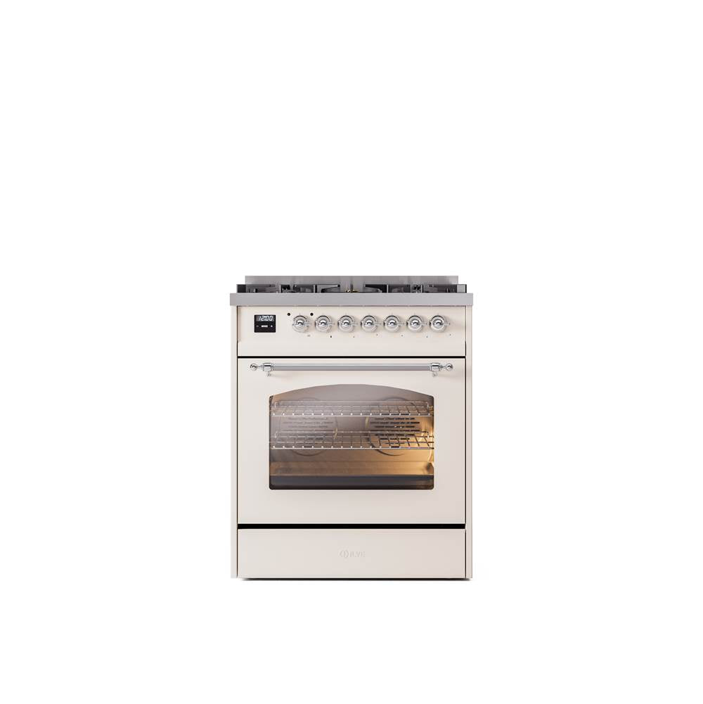 ILVE - 30'' Nostalgie II Series Freestanding Dual Fuel Range - Antique White - Chrome trim- Natural Gas - Chrome