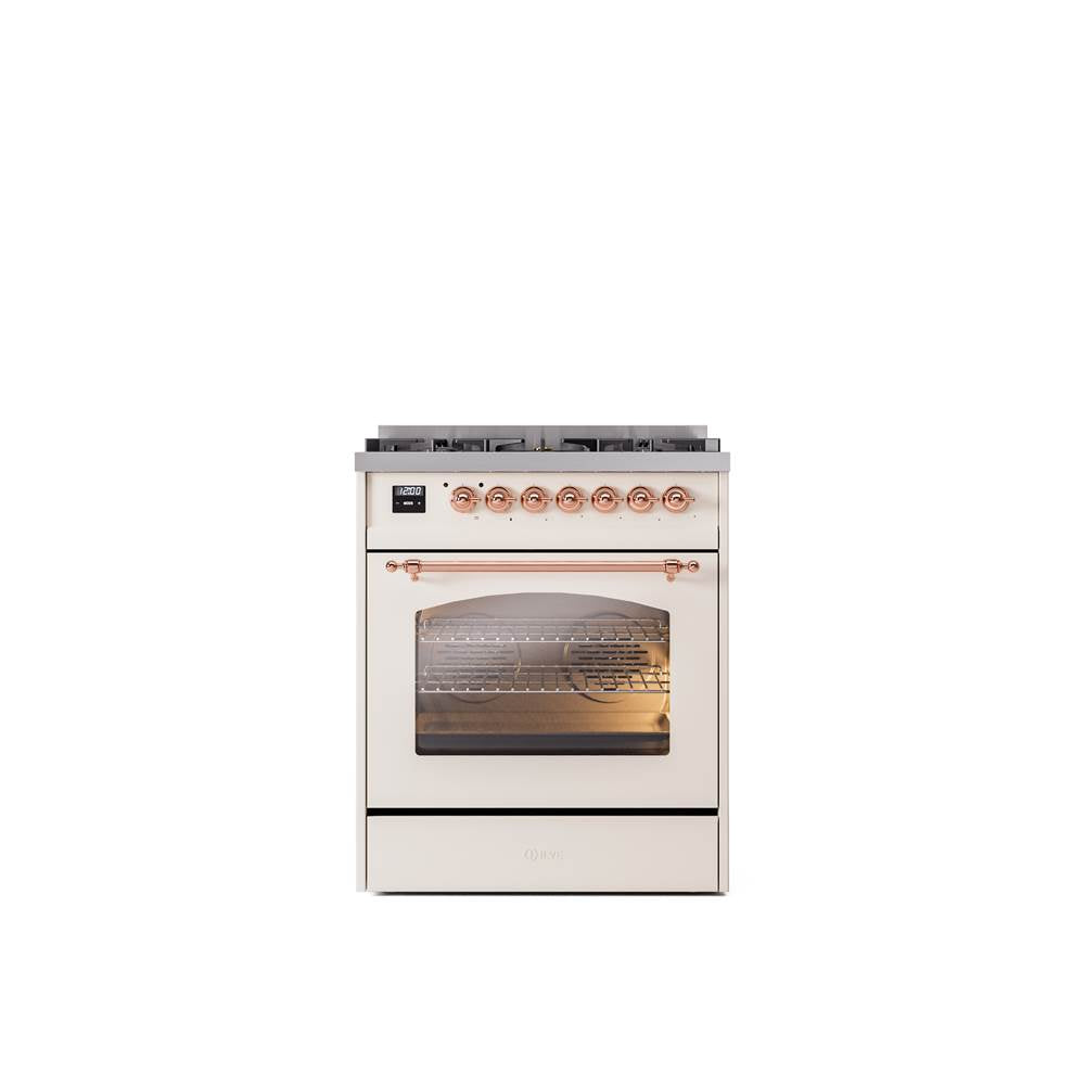 ILVE - 30'' Nostalgie II Series Freestanding Dual Fuel Range - Antique White - Copper trim- Natural Gas - Copper