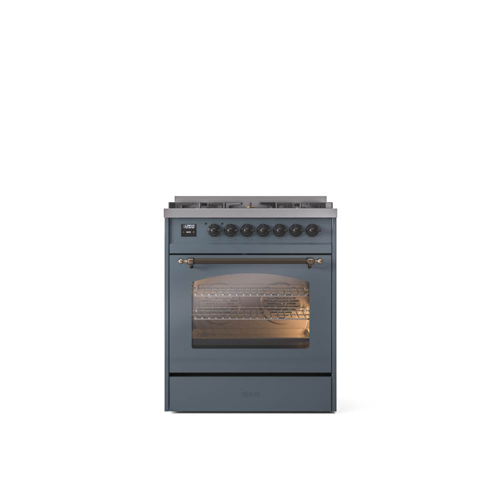 ILVE - 30'' Nostalgie II Series Freestanding Dual Fuel Range - Blue Grey - Bronze trim- Natural Gas - Bronze