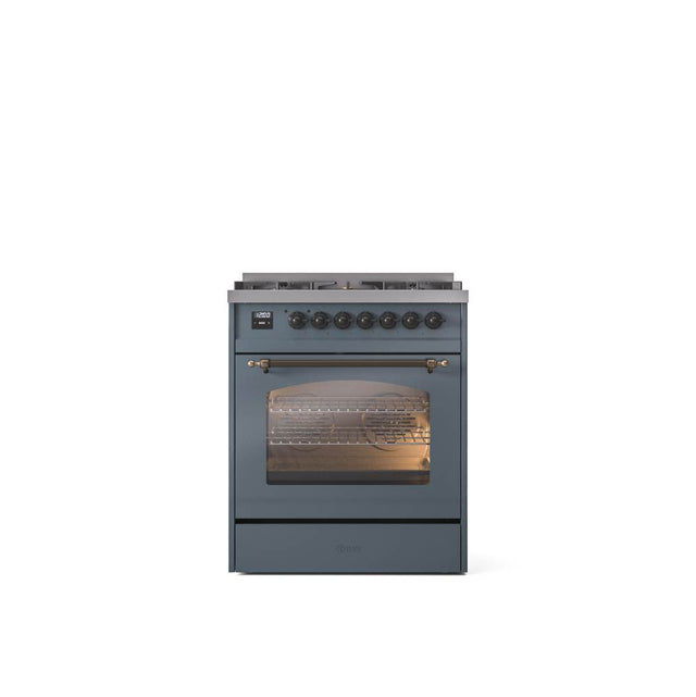 ILVE - 30'' Nostalgie II Series Freestanding Dual Fuel Range - Blue Grey - Bronze trim- Natural Gas - Bronze