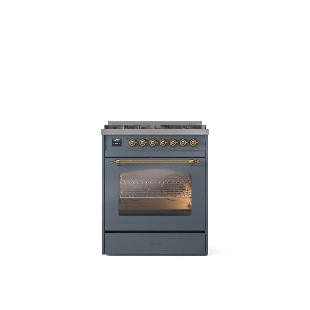 ILVE - 30'' Nostalgie II Series Freestanding Dual Fuel Range - Blue Grey - Brass trim- Natural Gas - Brass