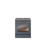 ILVE - 30'' Nostalgie II Series Freestanding Dual Fuel Range - Blue Grey - Brass trim- Natural Gas - Brass