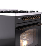 30'' Nostalgie II Series Freestanding Dual Fuel Range - Glossy Black - Bronze trim- Natural Gas