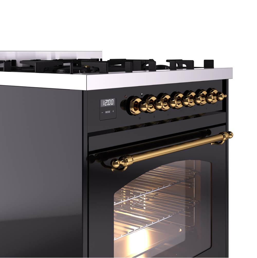 30'' Nostalgie II Series Freestanding Dual Fuel Range - Glossy Black - Bronze trim- Natural Gas