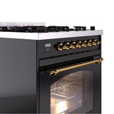 30'' Nostalgie II Series Freestanding Dual Fuel Range - Glossy Black - Bronze trim- Natural Gas