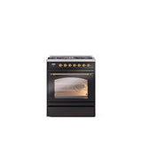 ILVE - 30'' Nostalgie II Series Freestanding Dual Fuel Range - Glossy Black - Brass trim- Natural Gas - Brass