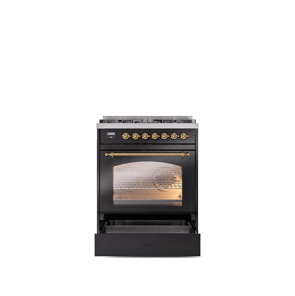 30'' Nostalgie II Series Freestanding Dual Fuel Range - Glossy Black - Bronze trim- Natural Gas