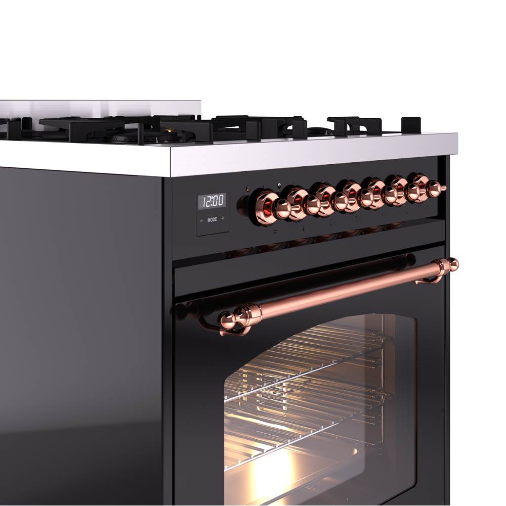 30'' Nostalgie II Series Freestanding Dual Fuel Range - Glossy Black - Bronze trim- Natural Gas