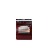 ILVE - 30'' Nostalgie II Series Freestanding Dual Fuel Range - Burgundy - Bronze trim- Natural Gas - Bronze