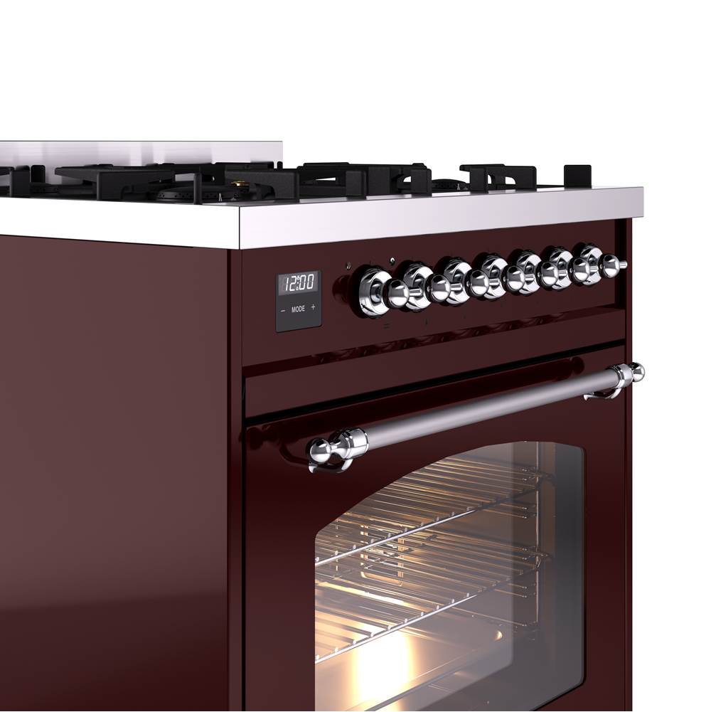 30'' Nostalgie II Series Freestanding Dual Fuel Range - Burgundy - Bronze trim- Natural Gas