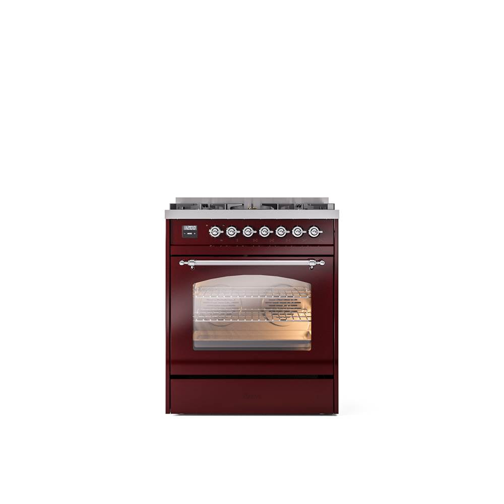 ILVE - 30'' Nostalgie II Series Freestanding Dual Fuel Range - Burgundy - Chrome trim- Natural Gas - Chrome