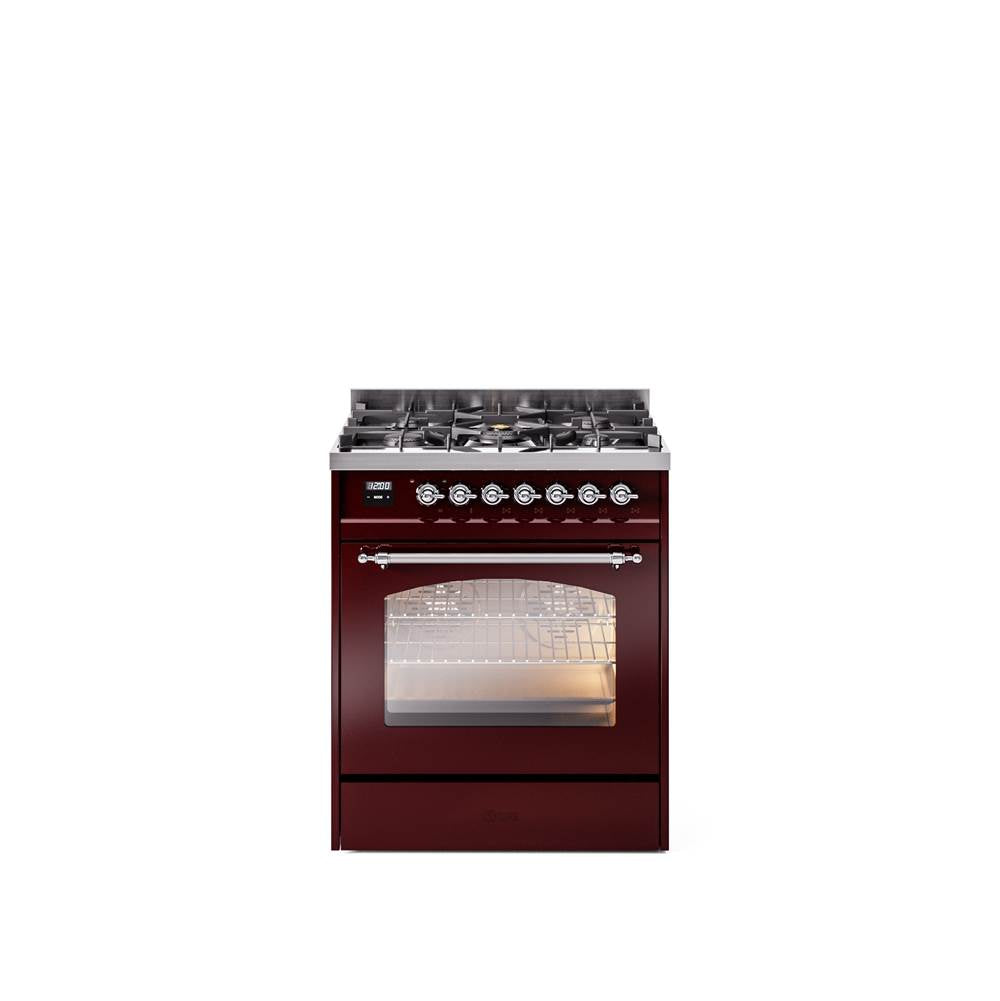 30'' Nostalgie II Series Freestanding Dual Fuel Range - Burgundy - Bronze trim- Natural Gas