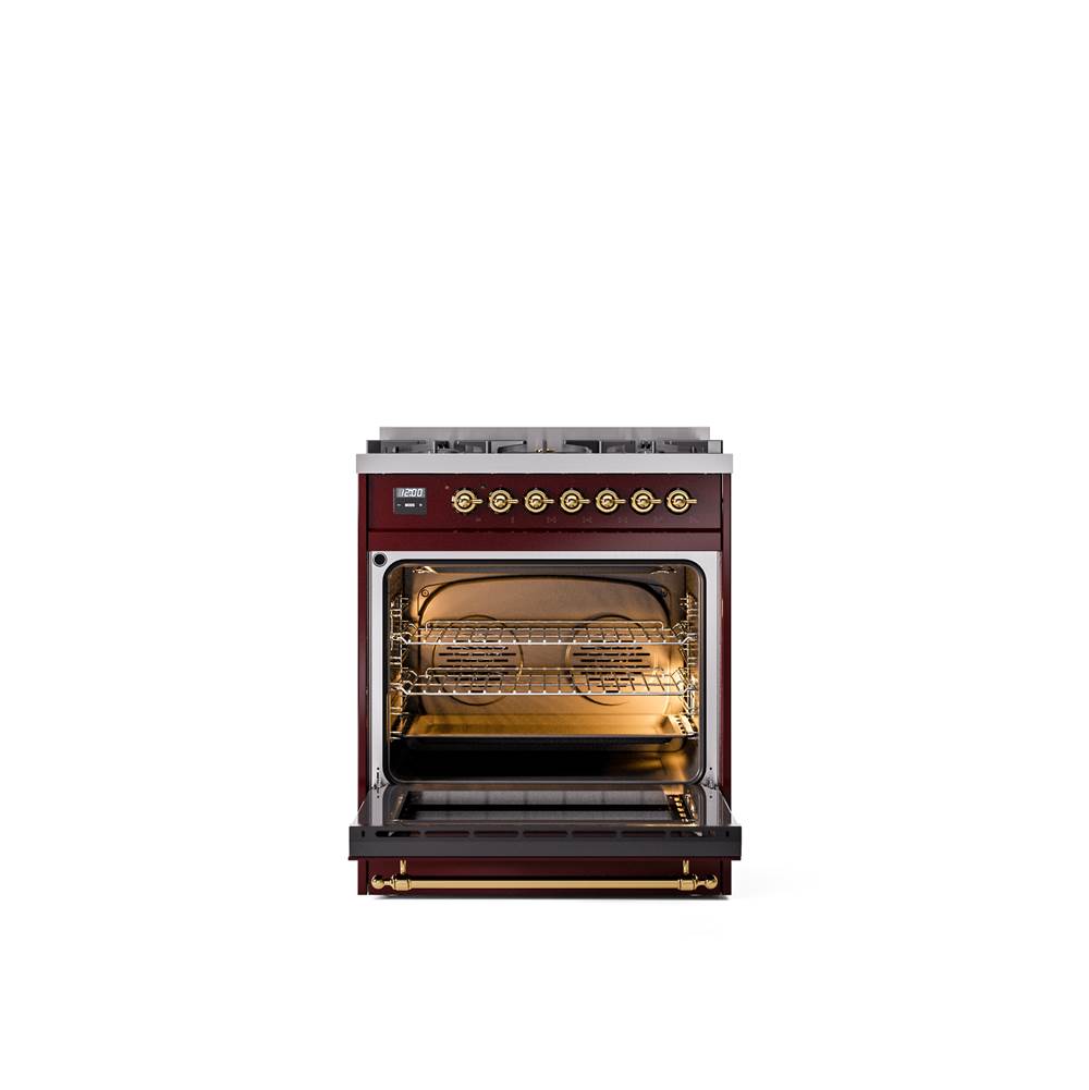 30'' Nostalgie II Series Freestanding Dual Fuel Range - Burgundy - Bronze trim- Natural Gas
