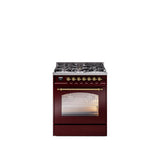 30'' Nostalgie II Series Freestanding Dual Fuel Range - Burgundy - Bronze trim- Natural Gas