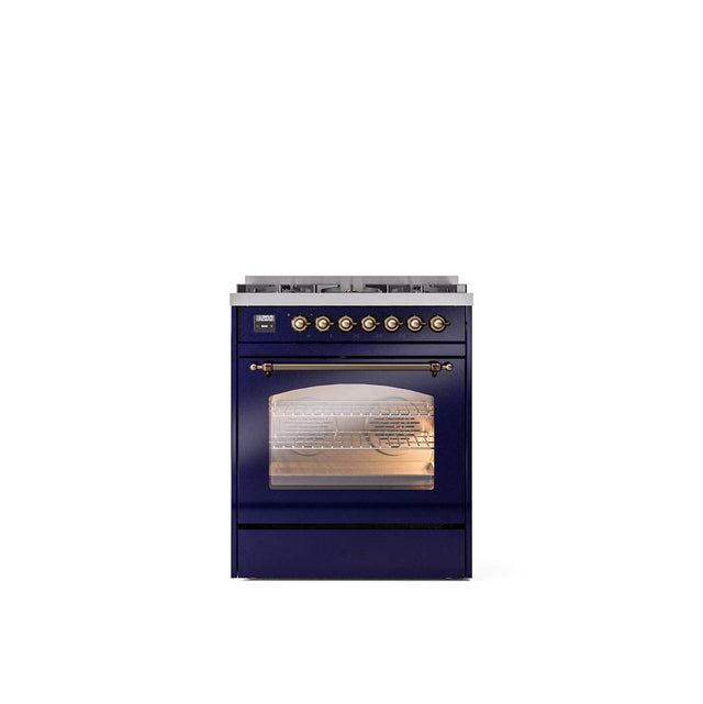 ILVE - 30'' Nostalgie II Series Freestanding Dual Fuel Range - Midnight Blue - Bronze trim- Natural Gas - Bronze