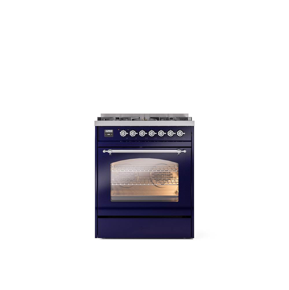 ILVE - 30'' Nostalgie II Series Freestanding Dual Fuel Range - Midnight Blue - Chrome trim- Natural Gas - Chrome