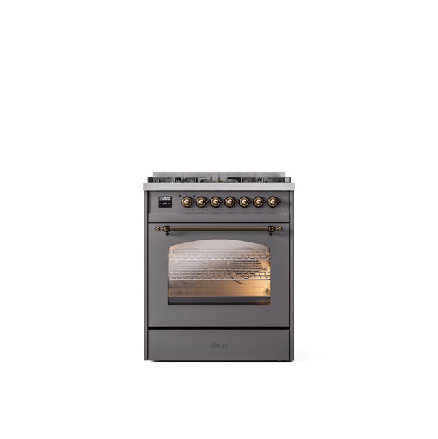 ILVE - 30'' Nostalgie II Series Freestanding Dual Fuel Range - Matte Graphite - Bronze trim- Natural Gas - Bronze