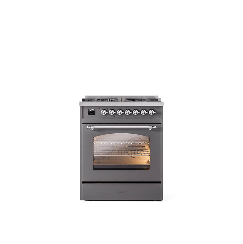 ILVE - 30'' Nostalgie II Series Freestanding Dual Fuel Range - Matte Graphite - Chrome trim- Natural Gas - Chrome