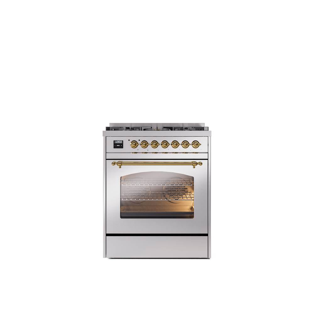 ILVE - 30'' Nostalgie II Series Freestanding Dual Fuel Range - Stainless Steel - Brass trim- Natural Gas - Brass