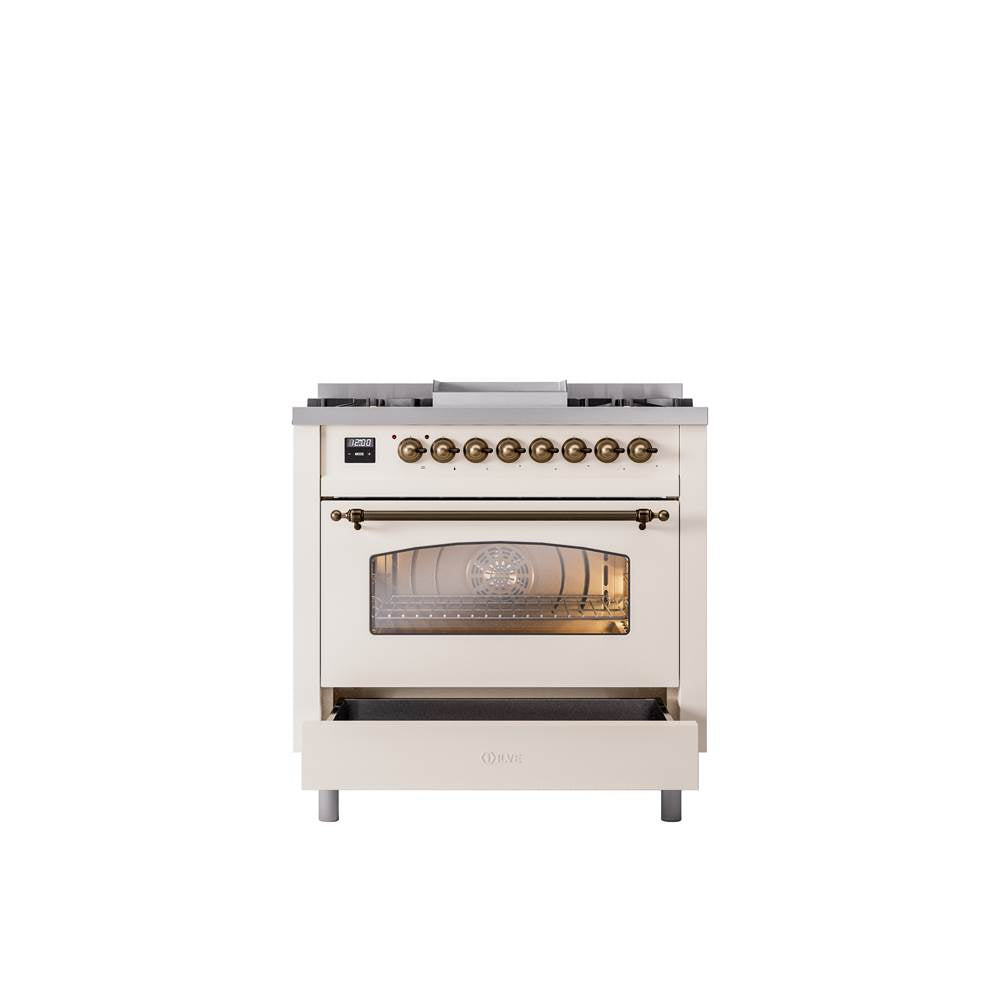 36'' Nostalgie II Series Freestanding Dual Fuel Range - Antique White - Bronze trim - Griddle - Natural Gas