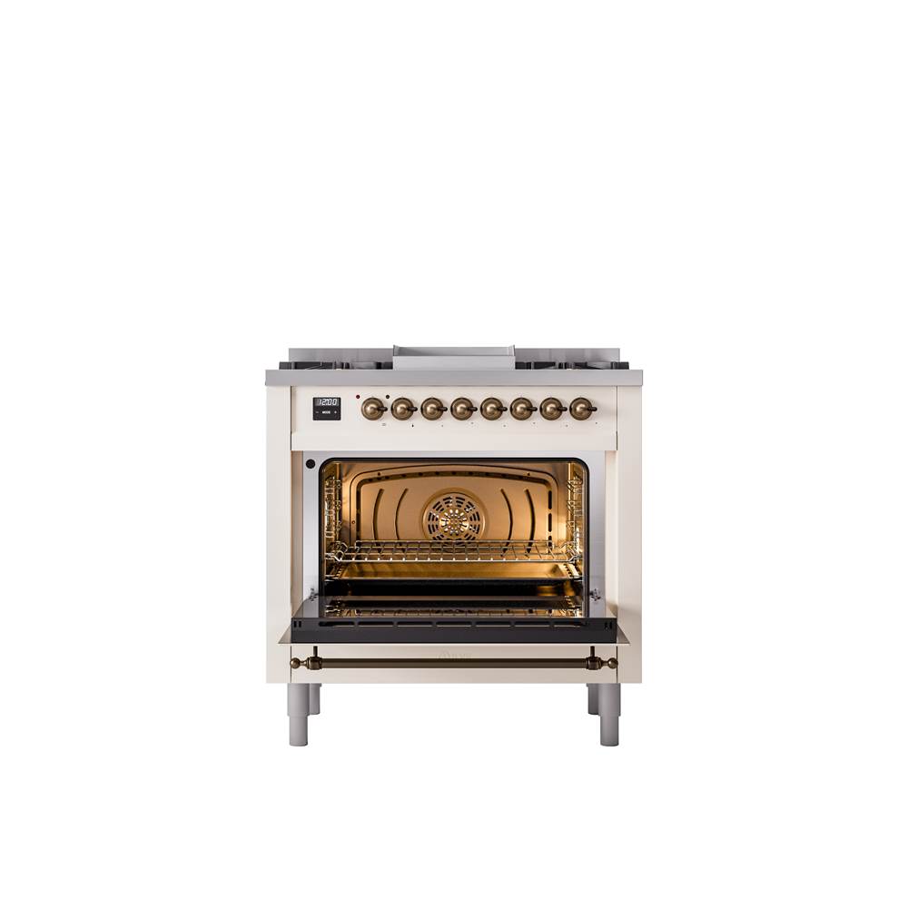 36'' Nostalgie II Series Freestanding Dual Fuel Range - Antique White - Bronze trim - Griddle - Natural Gas