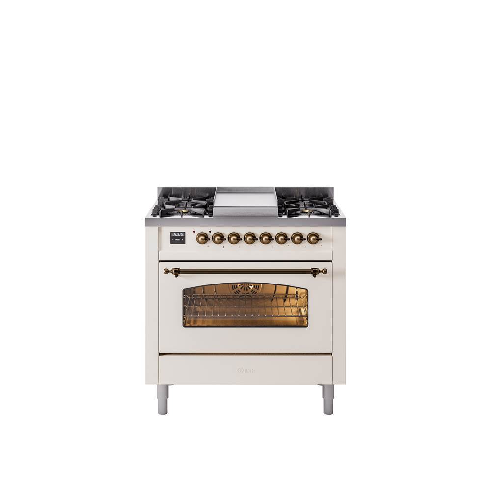 36'' Nostalgie II Series Freestanding Dual Fuel Range - Antique White - Bronze trim - Griddle - Natural Gas