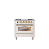 ILVE - 36'' Nostalgie II Series Freestanding Dual Fuel Range - Antique White - Brass trim - Griddle - Natural Gas - Brass