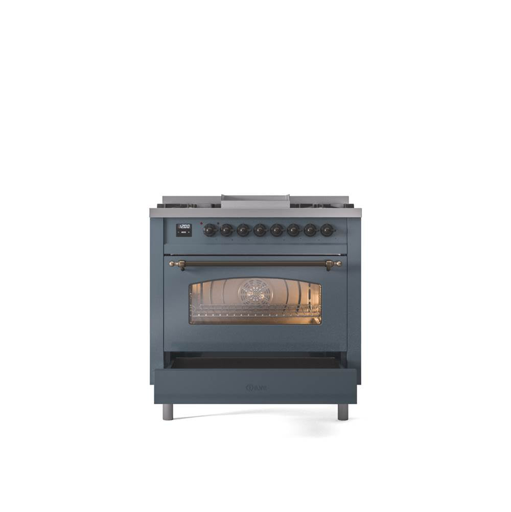 36'' Nostalgie II Series Freestanding Dual Fuel Range - Blue Grey - Bronze trim - Griddle - Natural Gas