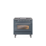 ILVE - 36'' Nostalgie II Series Freestanding Dual Fuel Range - Blue Grey - Chrome trim - Griddle - Natural Gas - Chrome