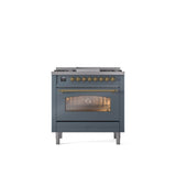 ILVE - 36'' Nostalgie II Series Freestanding Dual Fuel Range - Blue Grey - Brass trim - Griddle - Natural Gas - Brass