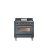 36'' Nostalgie II Series Freestanding Dual Fuel Range - Blue Grey - Bronze trim - Griddle - Natural Gas