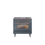 ILVE - 36'' Nostalgie II Series Freestanding Dual Fuel Range - Blue Grey - Copper trim - Griddle - Natural Gas - Copper